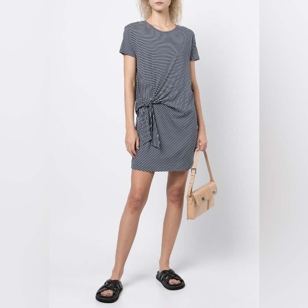 Vince 100% Cotton Knotted T-Shirt Dress Navy Stripe L‎ Coastal Vacation Summer